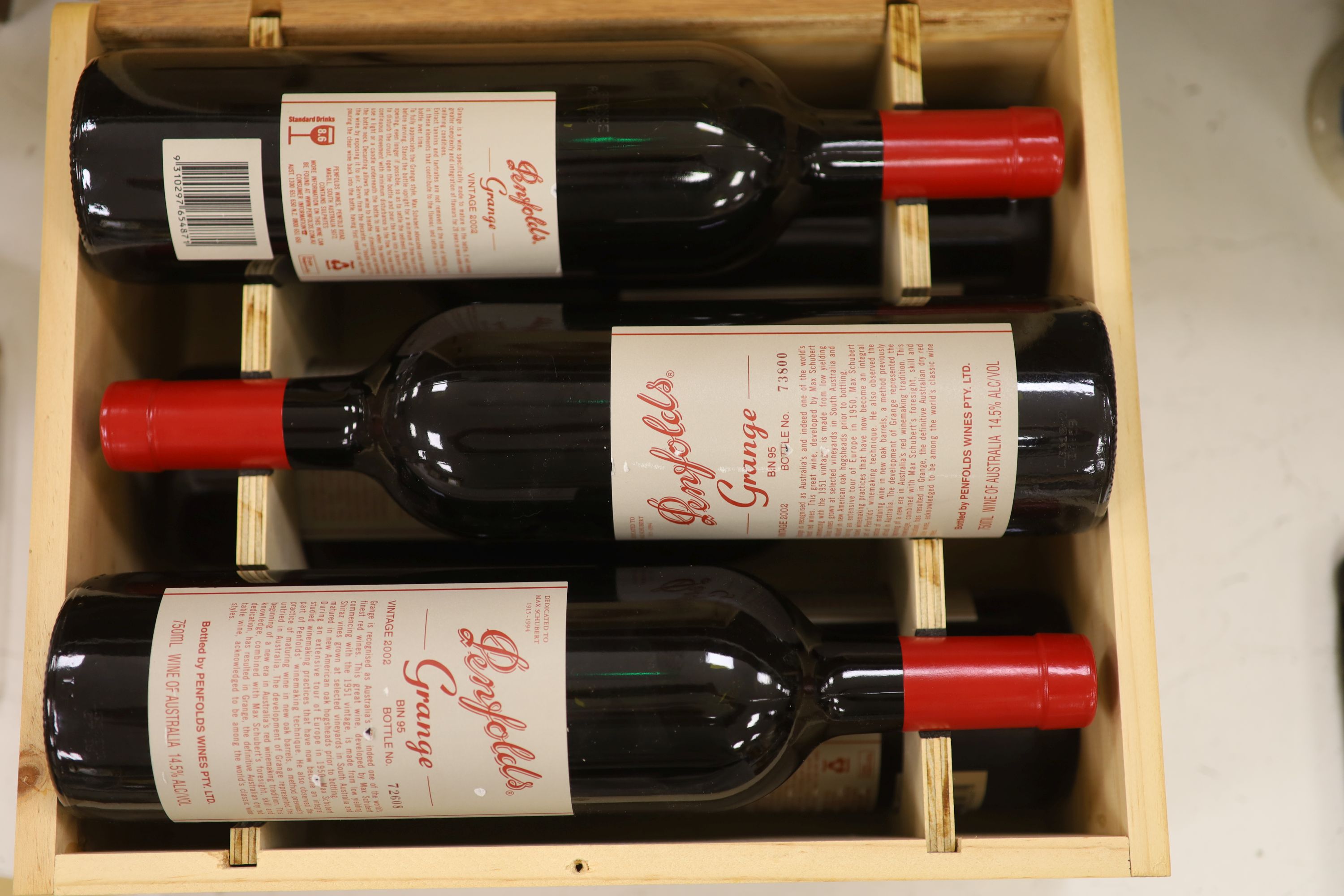 A case of six Penfolds Grange 2002, in wooden box.